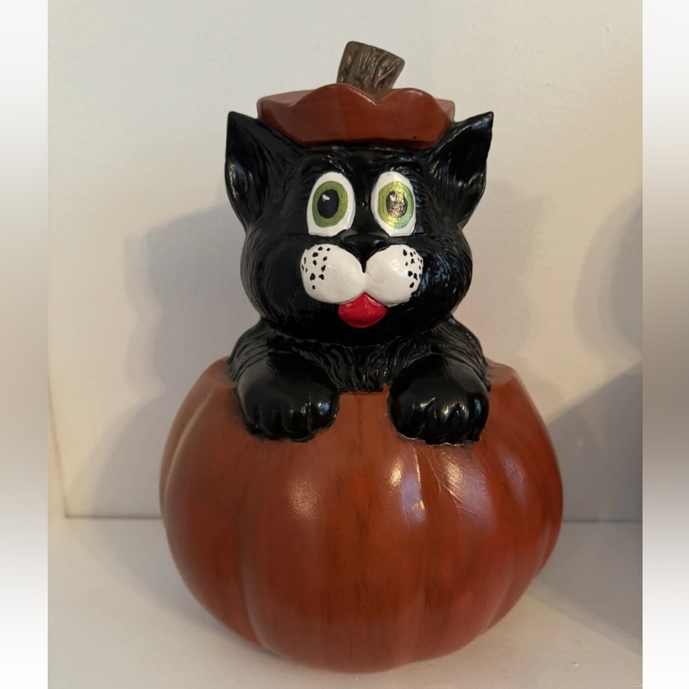 Vtg Kitschy Ceramic 10.5" Halloween Black Cat Pumpkin Jack o lantern Retro Decor